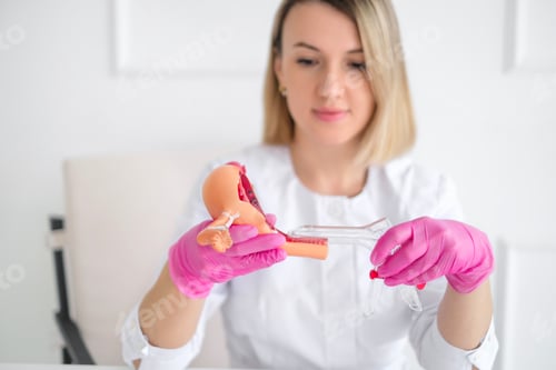 Preview: A gynecologist with plastic medical Speculum shows the examination process on an model of uterus