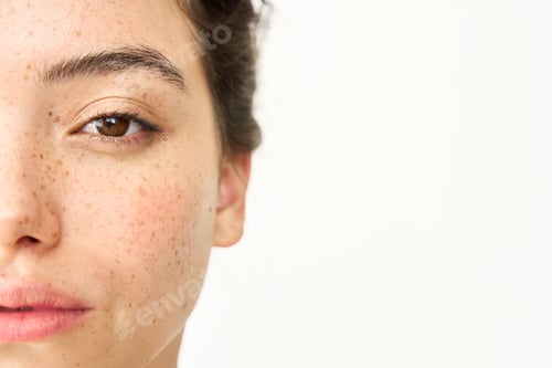 Preview: Close up aesthetic beauty half face portrait of Latin girl on white background.