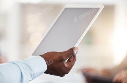 Preview: Business tablet and hands with a digital mock up screen for online corporate communication. Modern
