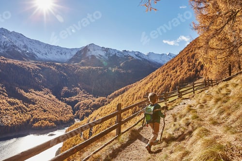 Preview: Young boy hiking along pathway, rear view, Schnalstal, South Tyrol, Italy