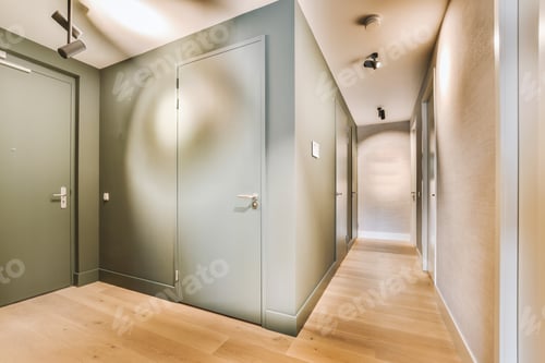Preview: Doorway of modern apartment with white walls and parquet floor