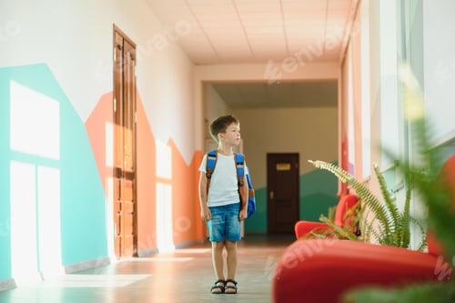 Preview: schoolboy with a backpack in the school hallway