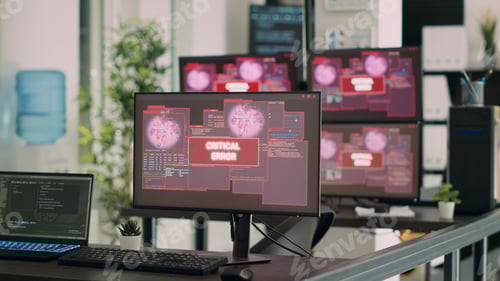 Preview: Empty it office desk with multiple computers showing security breach warning