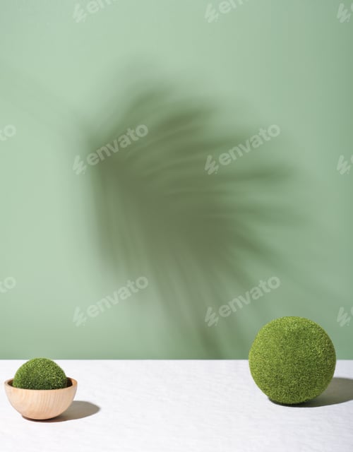 Preview: summer template with palm leaf shadows and green moss ball. product placement