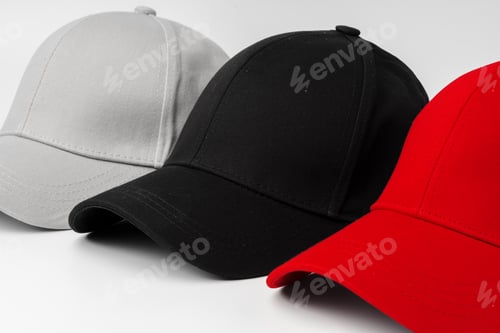 Preview: Lineup of Four Blank Baseball Caps in Red, White, and Black on a White Background