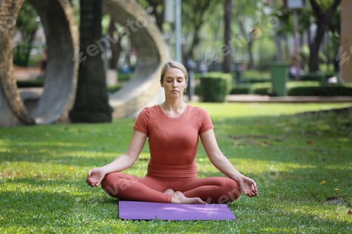 Preview: Portrait of attractive blonde hair young woman exercise yoga outdoor.