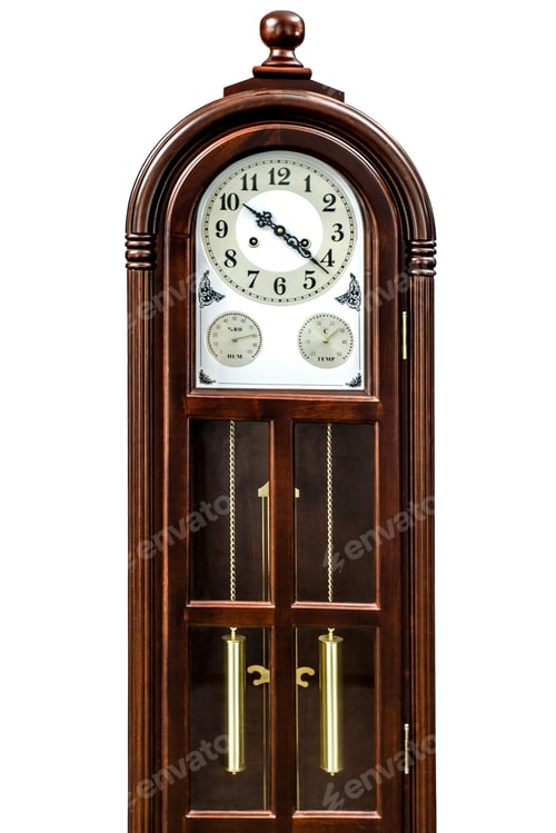 Preview: Antique clock with wood carved decoration, isolated on white background