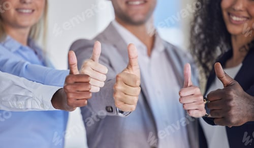 Preview: Thumbs up, hands and business people agreement with diversity, yes and success with motivation and