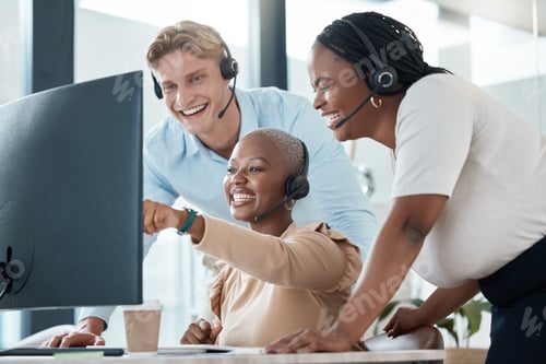 Preview: Computer, customer service and consultant staff laugh at funny social media meme, video or online j