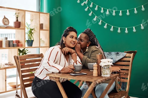 Preview: Youll never guess what I just heard. Shot of two young women gossiping at a cafe.