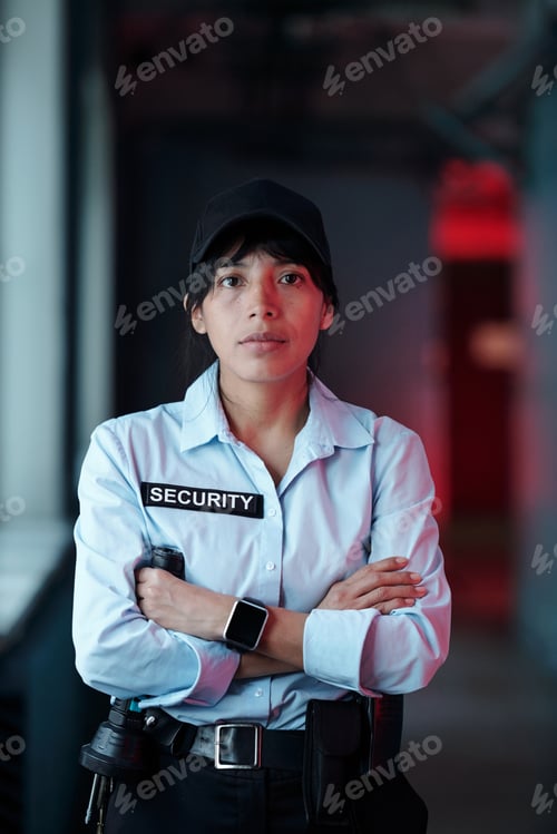 Preview: Young serious woman in security uniform