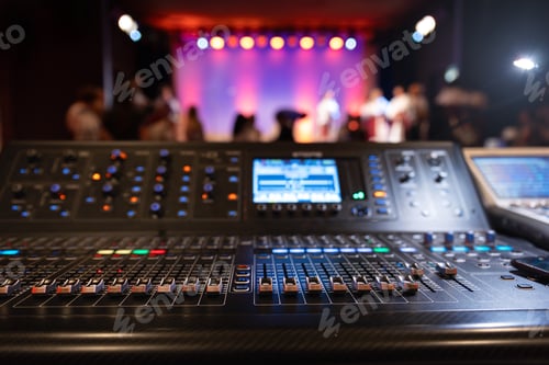 Preview: Live theater concert show sound video music control console with scene lights background. Sound