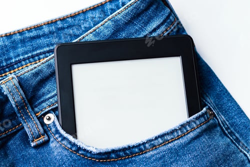 Preview: Modern black electronic book with blank screen in pocket of jeans