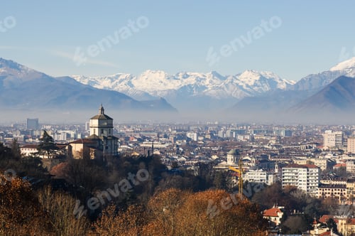 Preview: Cityscape of Turin with snowy Alps mountains on background