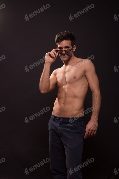 Preview: Young Man Fit Slim Showing Off Sunglasses Shitless Abs Muscle