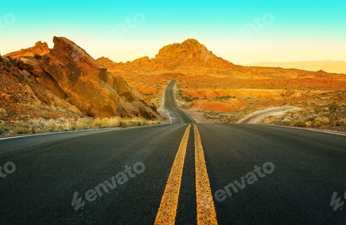 Preview: American road at sunset, freeway road at Valley of Fire State park in Nevada, USA