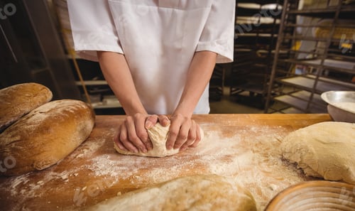 Preview: Mid-section of female baker kneading a dough