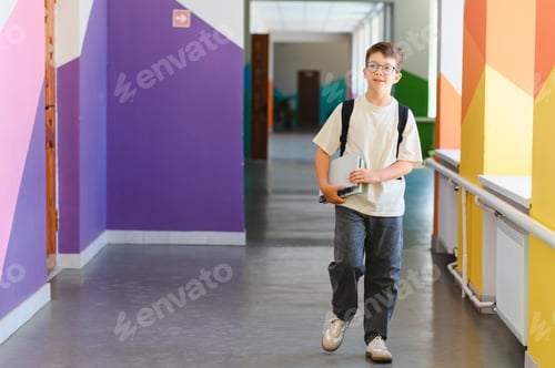 Preview: Smiling student walking in colorful school hallway