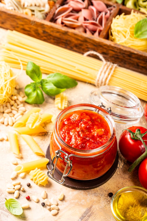 Preview: Glass jar with homemade classic spicy tomato pasta or pizza sauce.