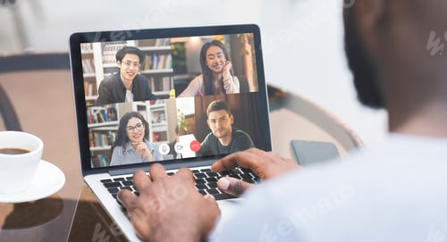 Preview: Diverse Students Communicating Online Via Video Call On Laptop, Collage
