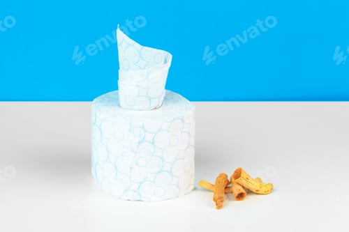 Preview: Toilet paper isolated on white table with blue background. Cleaning concept product