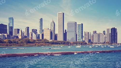Preview: Vintage toned Chicago waterfront and city skyline, USA.