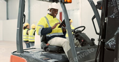 Preview: Construction site, tablet and man in forklift machine for maintenance, planning and building renova