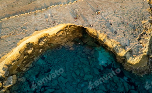 Preview: Done scenery of Cape Greko or Cape Greco sea caves Ayia Napa Cyprus. Tourist people doing