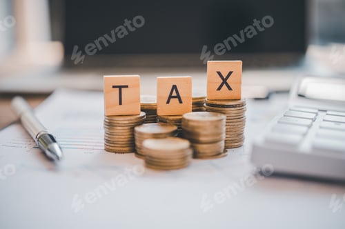 Preview: Payment and tax calculation Concept Wooden blocks word " TAX" on coin stack on money climbing stats