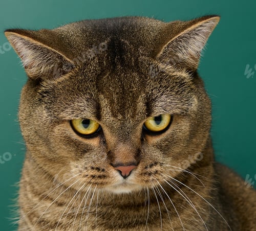 Preview: Portrait of an adult Scottish Straight cat, green background