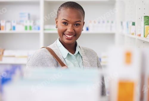 Preview: Medicine, portrait and shopping with black woman in pharmacy for medical, pills and information. He