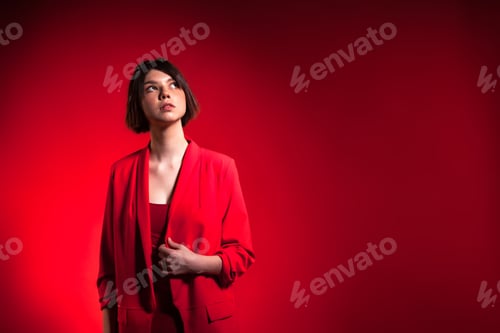 Preview: Portrait teen girl wear stylish red suit with trendy hairstyle at red background