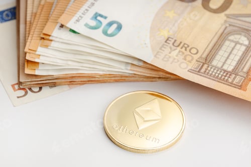 Preview: Ethereum coin and Euro banknotes