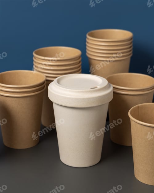 Preview: New beige kraft paper cups and reusable bamboo coffee cup on a gray and blue closeup, mockup