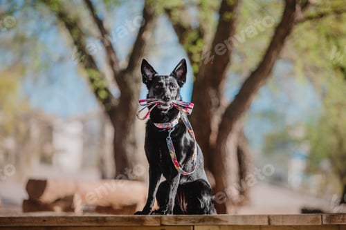 Preview: A mixed breed dog on a walk. Black dog with leash and collar. Pet adoption. Pet supplies