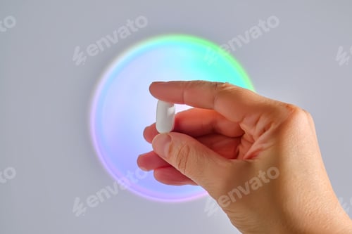 Preview: Tablet in hand against the background of a glowing circle.