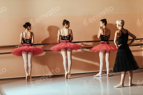 Preview: Female ballet dancers practicing en pointe while holding on a barre.