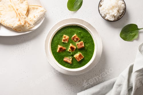 Preview: Indian vegetarian cuisine Palak Paneer served on white.