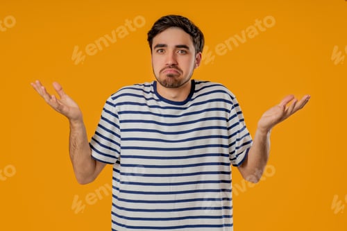 Preview: Man Shrugging Wearing Striped Shirt on Orange Background