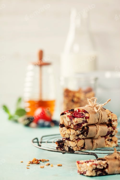 Preview: Granola bar on a blue rustic table