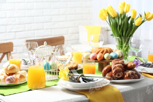 Preview: Festive Easter table setting with traditional meal at home