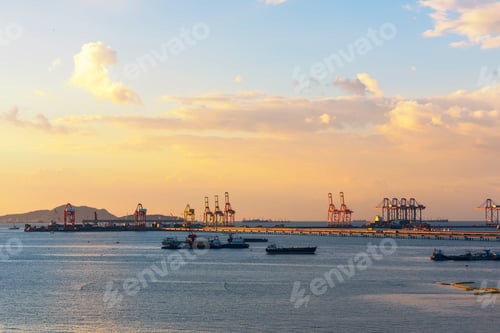 Preview: Industry landscape on sunset Engineering shipping crane depot at logistic export terminal