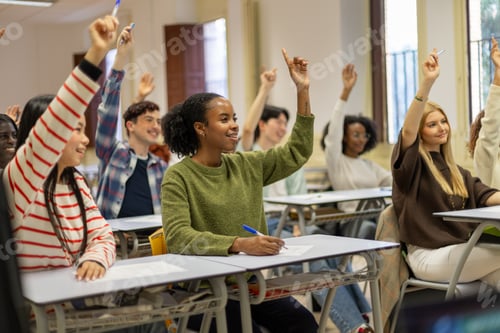 Preview: Diverse students raising hands in a modern classroom