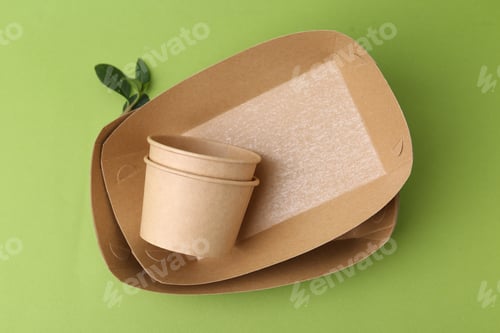 Preview: Set of disposable tableware and leaves on green background, top view