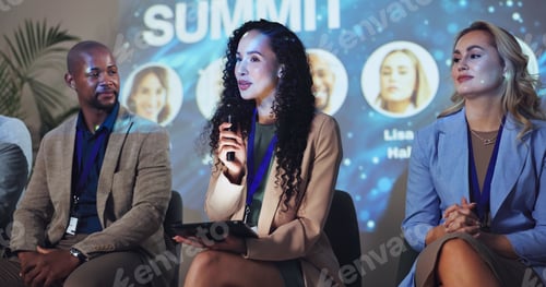 Preview: Conference, microphone and keynote speaker with business woman and technology for networking, indus