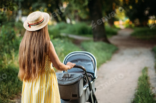 Preview: Mother walking with Newborn baby in stroller in summer park in sunny day.