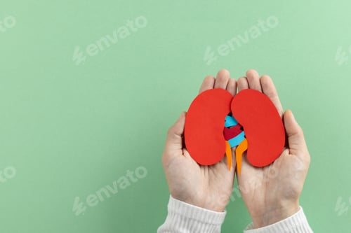 Preview: Composition of hands holding kidneys on green background with copy space