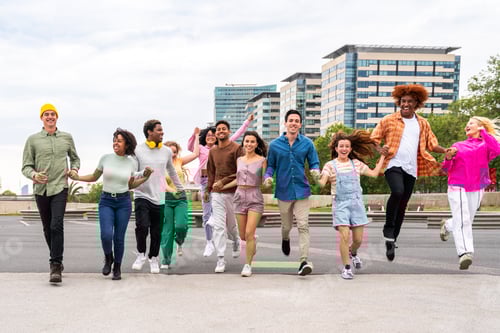 Preview: Group of friends running together in an urban setting