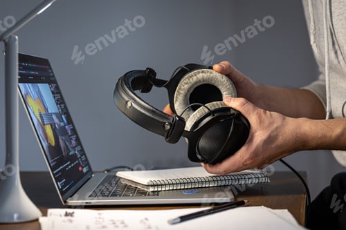 Preview: Working process at night, a musician is creating music at night.