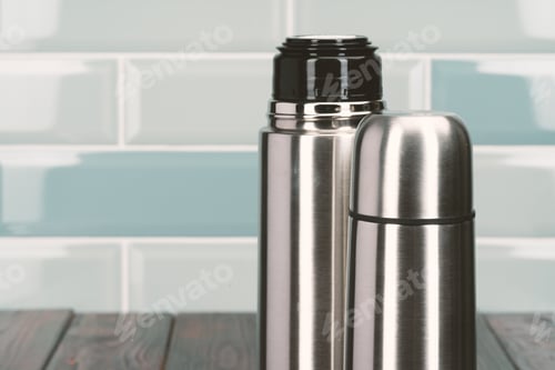 Preview: Aluminum metal thermos container bottle close up